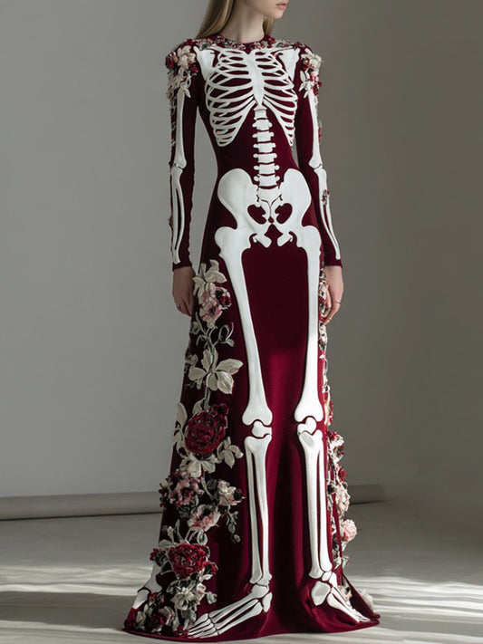 Women's Vintage Skull Rose Comfortable Elegant Velvet Maxi Dress