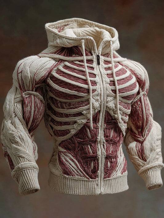 Men's Anatomical Art Warm Chunky Knit Zip-up Sweater