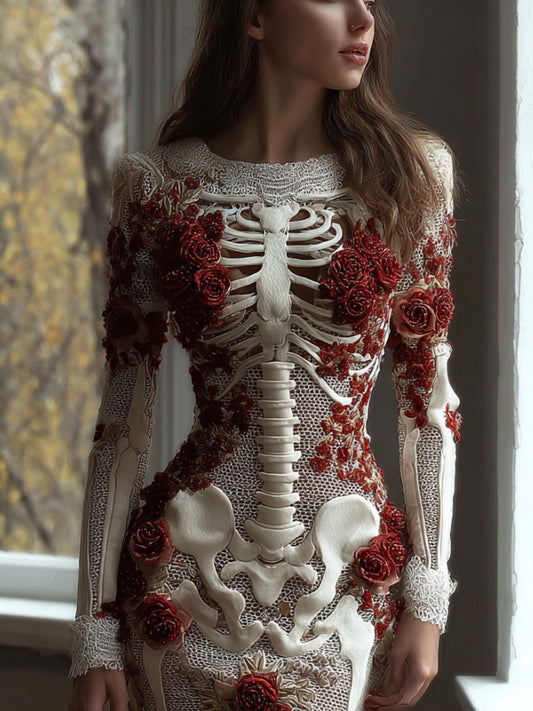 Women's Halloween Skeleton Flower Embroidered Lace Long Sleeve Dress