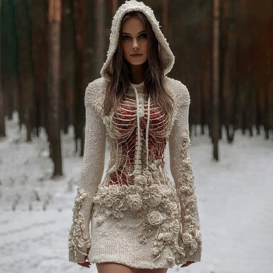 Women's Vintage Halloween Skeleton & Rose Art Cozy Sweater Hooded Dress