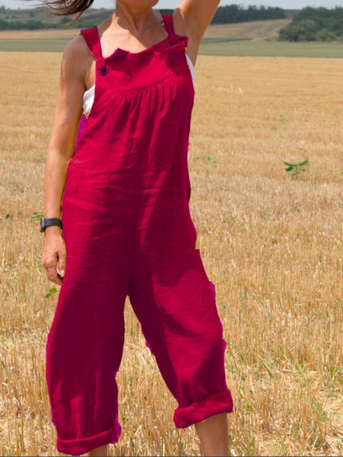 Solid Loose Cotton Linen Strap Jumpsuit