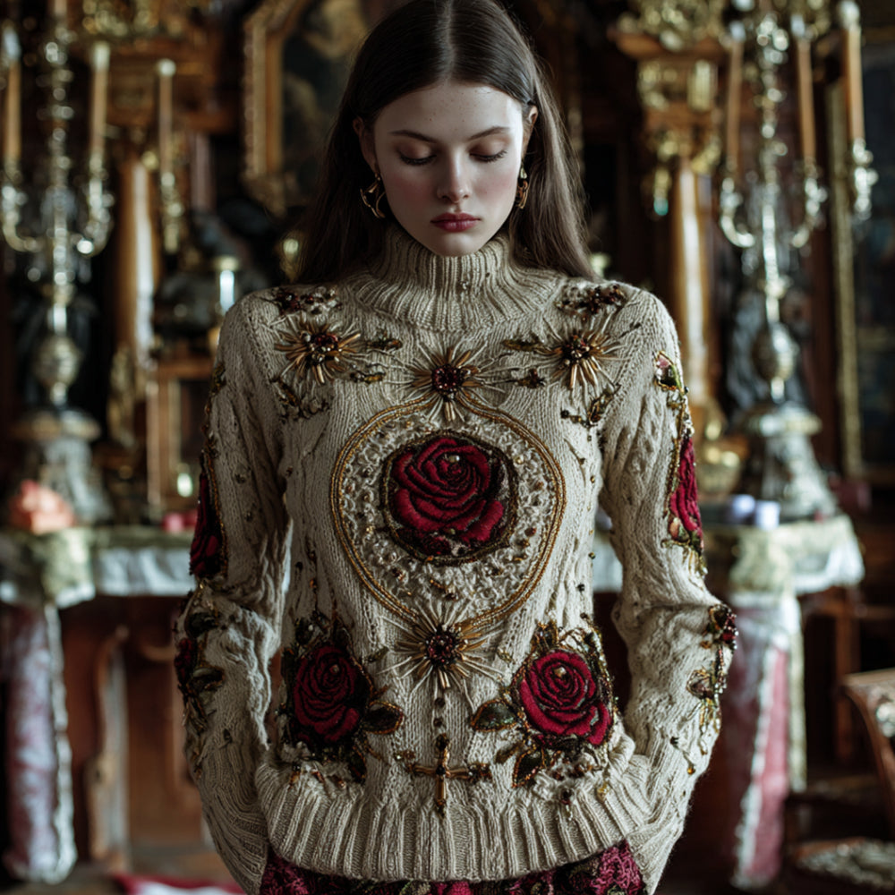 Women's Halloween Red Rose High Collar Sweater