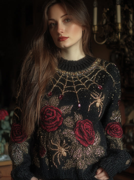 Halloween Antique Spider And Red Rose Vintage Round Neck Sweater