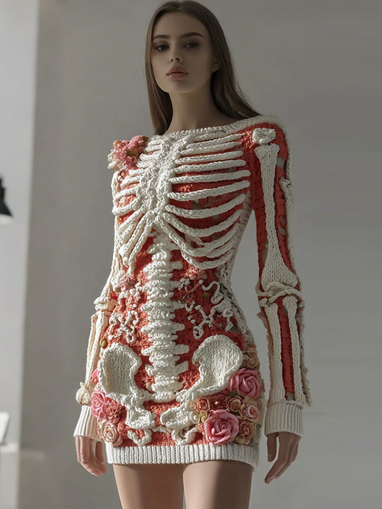 Women's Vintage Skull White Rose Crochet Cozy Knitted Sweater Dress