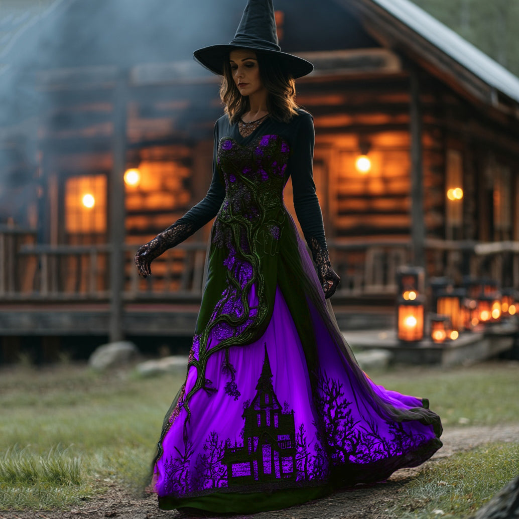 Women's Halloween Gradient Treehouse Design Witch V-neck Maxi Dress