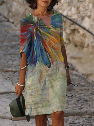 Airrys™ Women's Cotton Linen Oil Painting Printed V-neck Straight Dress