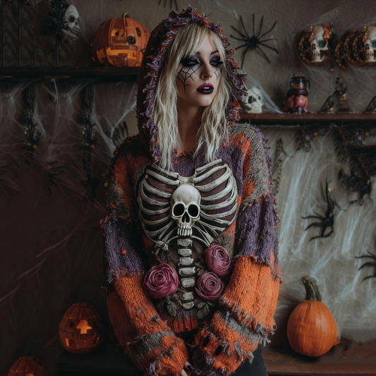 Women's Vintage Patchwork Chunky Knit Skull Hooded Sweater