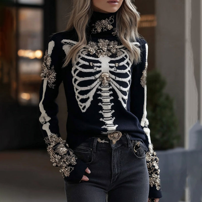 Women's Gothic Style Skeleton & Floral High Neck Cozy Sweater