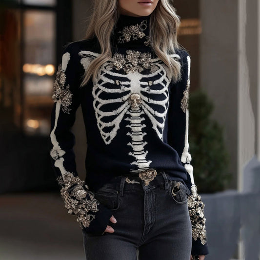 Women's Gothic Style Skeleton & Floral High Neck Cozy Sweater