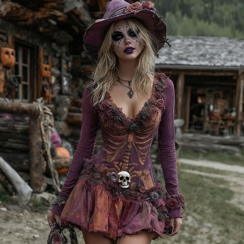 Women's Halloween Rose Skeleton Witch Cosplay Midi Dress