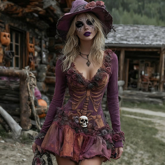 Women's Halloween Rose Skeleton Witch Cosplay Midi Dress