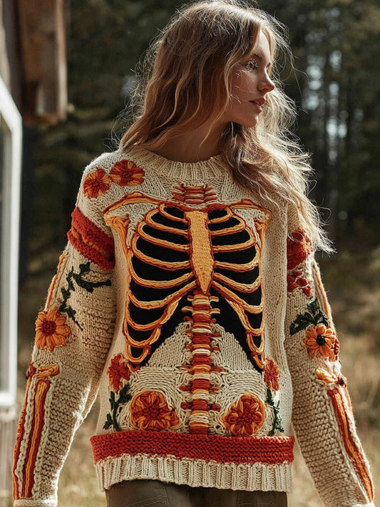 Vintage Halloween Anatomy With Floral Art Chunky Knitted Sweater
