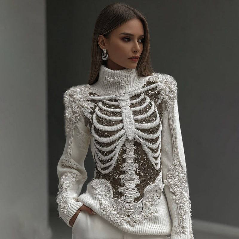 Women's Vintage Skeleton Sequins & Glitter Floral Art Cozy High Neck Sweater