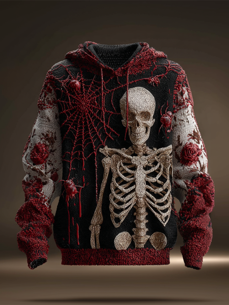 Halloween Spider And Skeleton Skeleton Design Men's Hooded Knit Sweater