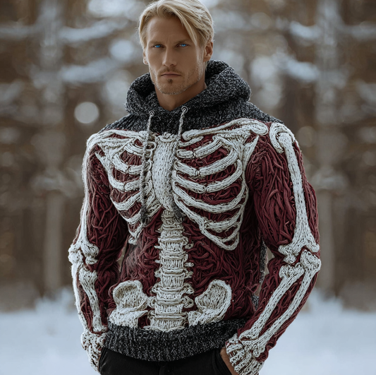 Halloween Line Art Men's Knit Warm Hooded Sweater