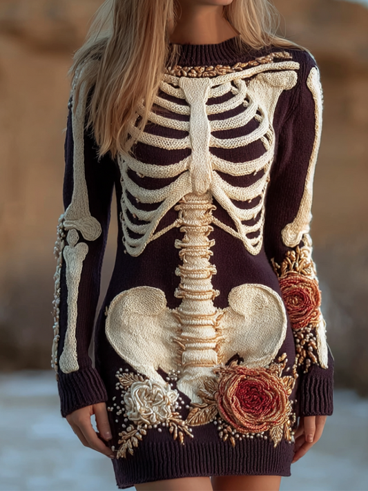 Halloween Human Anatomy Pattern And Flower Pattern Combined Design Women's Round Neck Knit Sweater Dress