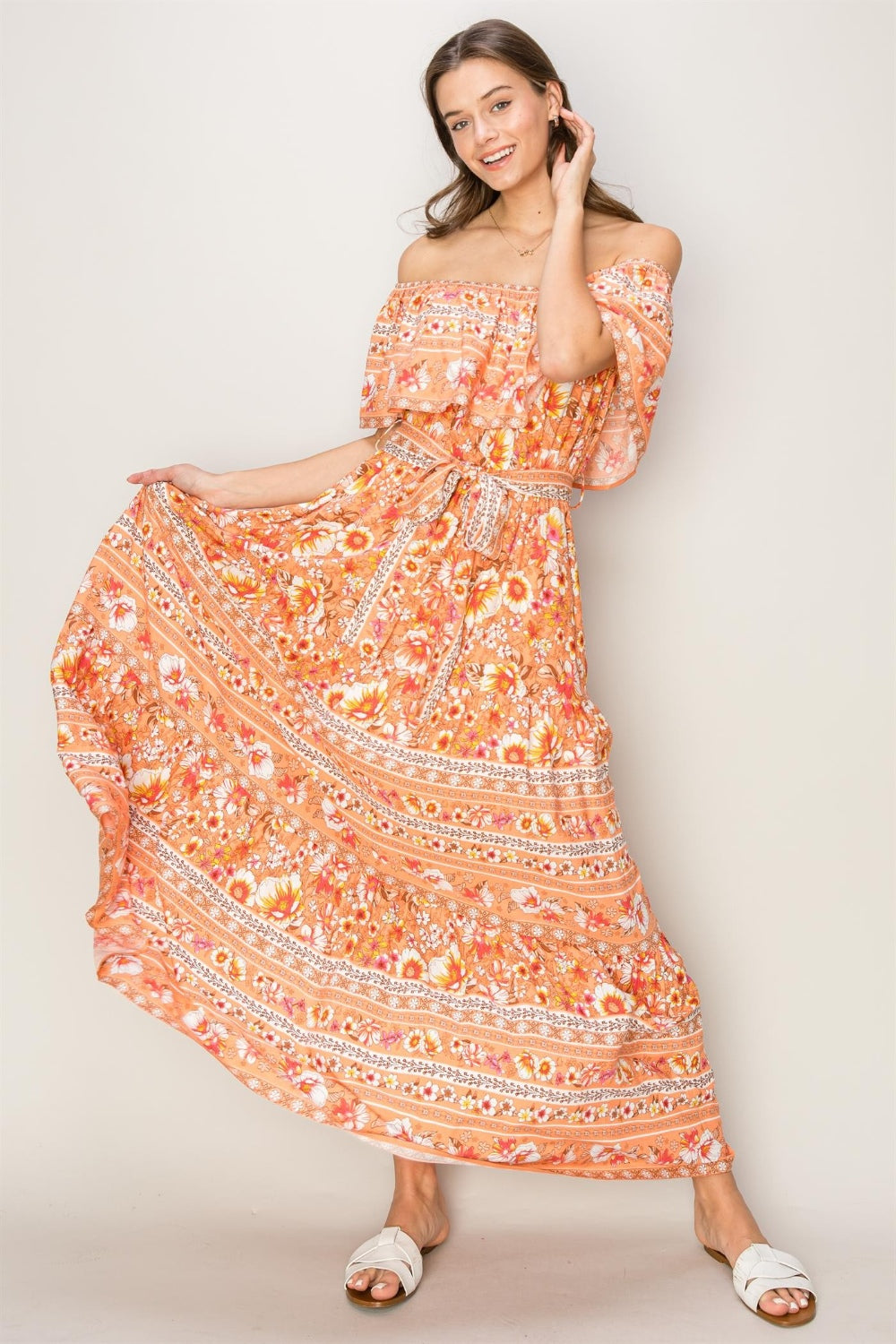 Floral Off-Shoulder Tie Front Boho Maxi Beach Dress