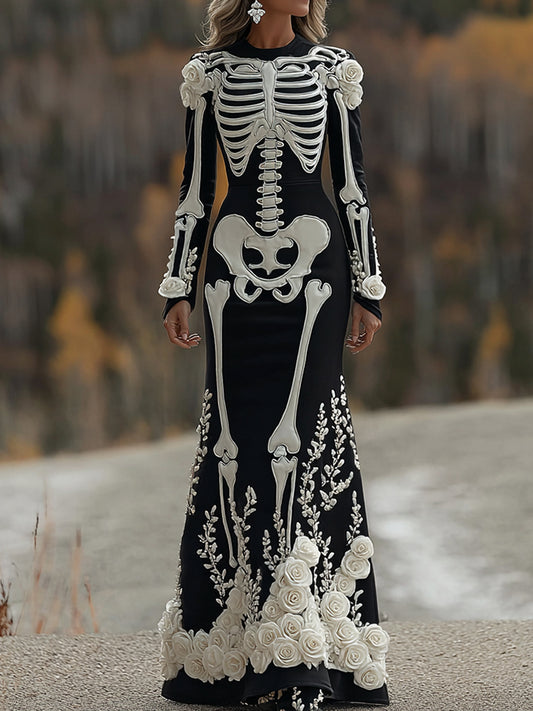 Women's Halloween Skeleton Bones With Rose Art Cozy Long Sleeve Maxi Dress