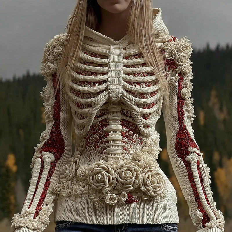 Women's Halloween Skeleton Bones Roses Art Knitted Warm Hooded Sweater