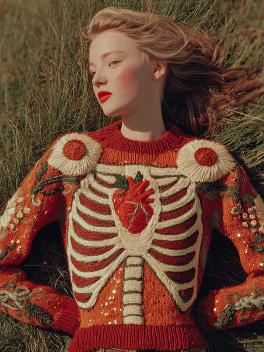 Women's Retro Halloween Anatomy And Floral Round Neck Sweater