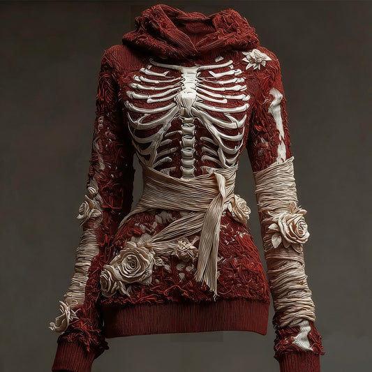 Halloween Bandage Skull Rose Art Slim Fit Knit Hooded Sweater