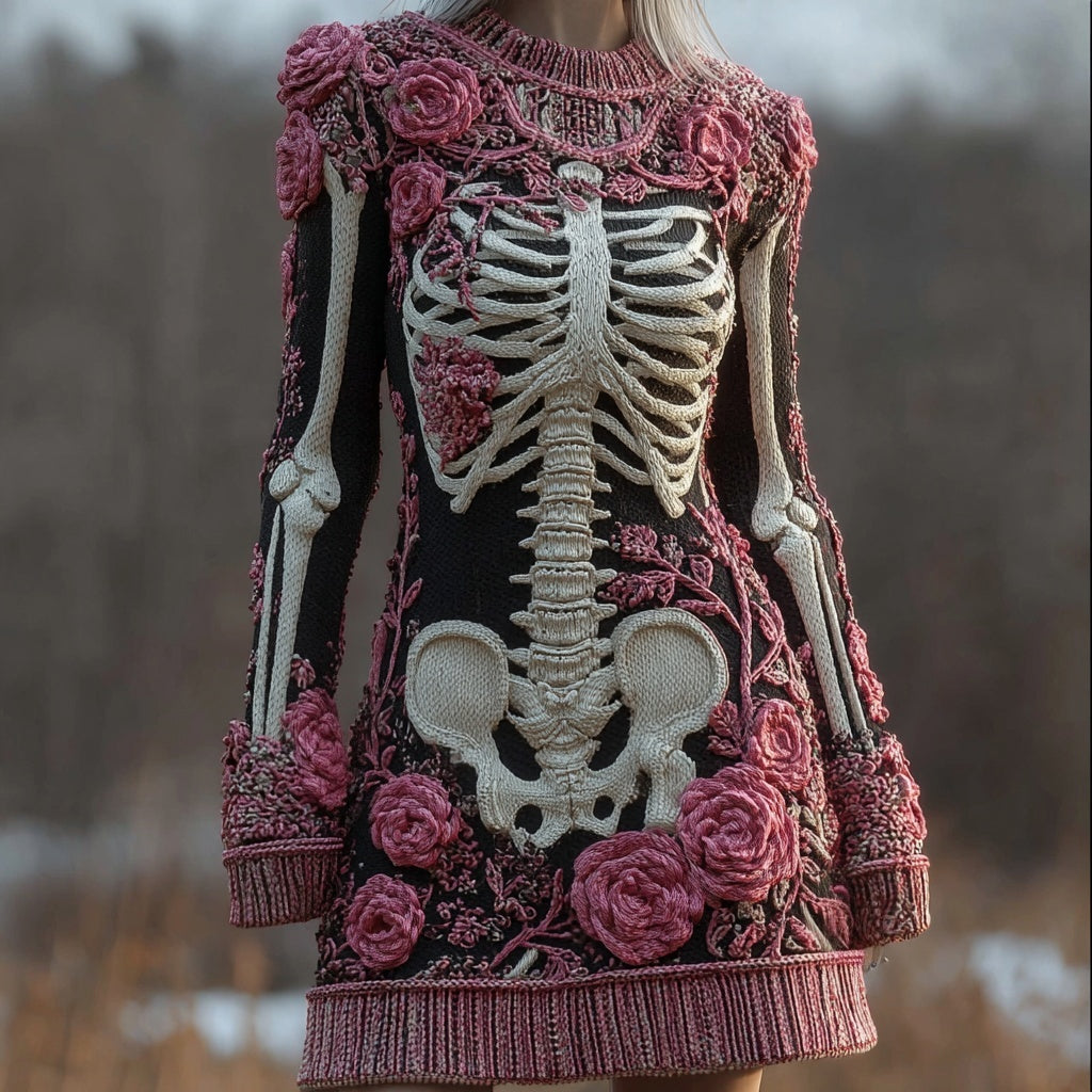 Vintage Skeleton Roses Crew Neck Comfy Sweater Dress