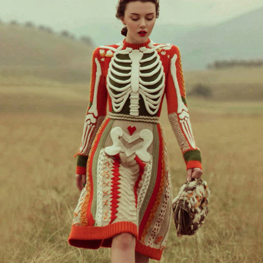 Women's Vintage Skull Rib Pattern Cozy Knit Mini Dress