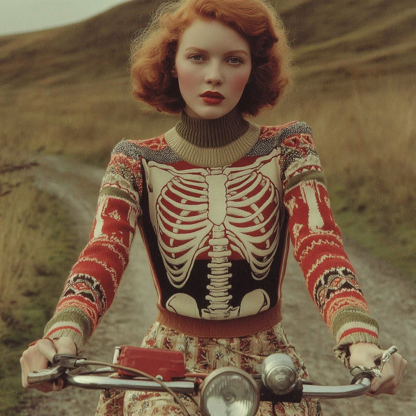 Women's Vintage Tribal Ribcage Skeleton Pattern Cozy Sweater