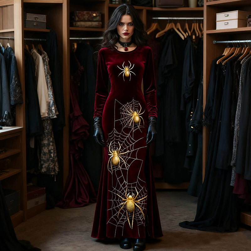 Women's Halloween Spider Pattern Velvet Round Neck Maxi Dress