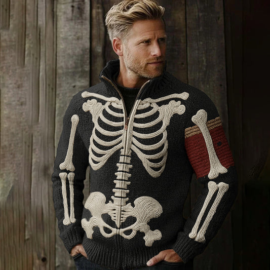 Classic Halloween Skeleton Bones Art Chunky Knitted Zipped Up Sweater