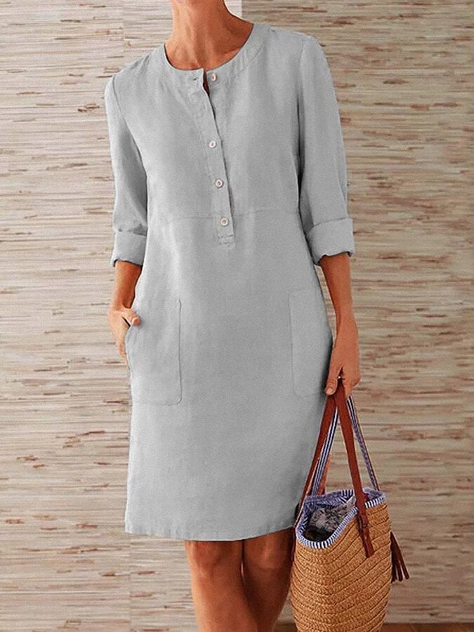Ladies Cotton Linen Round Neck Long Sleeve Dress