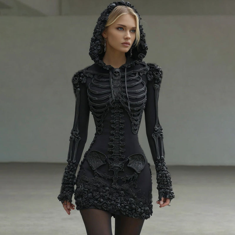Women's Vintage Halloween Skeleton Skull Art Cozy Hooded Dress