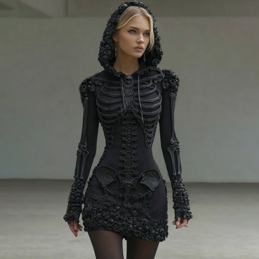 Women's Vintage Halloween Skeleton Skull Art Cozy Hooded Dress