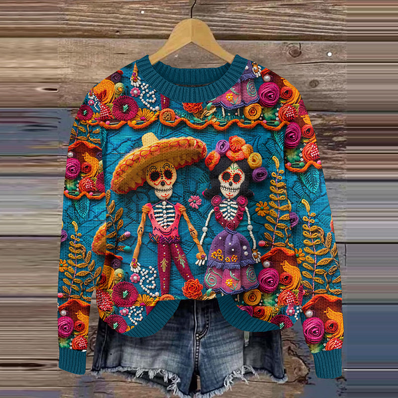 Mexican Festive Day Of The Dead Sugar Skeleton Couple Inspired Art Embroidery Art Print Knitted Pullover Sweater