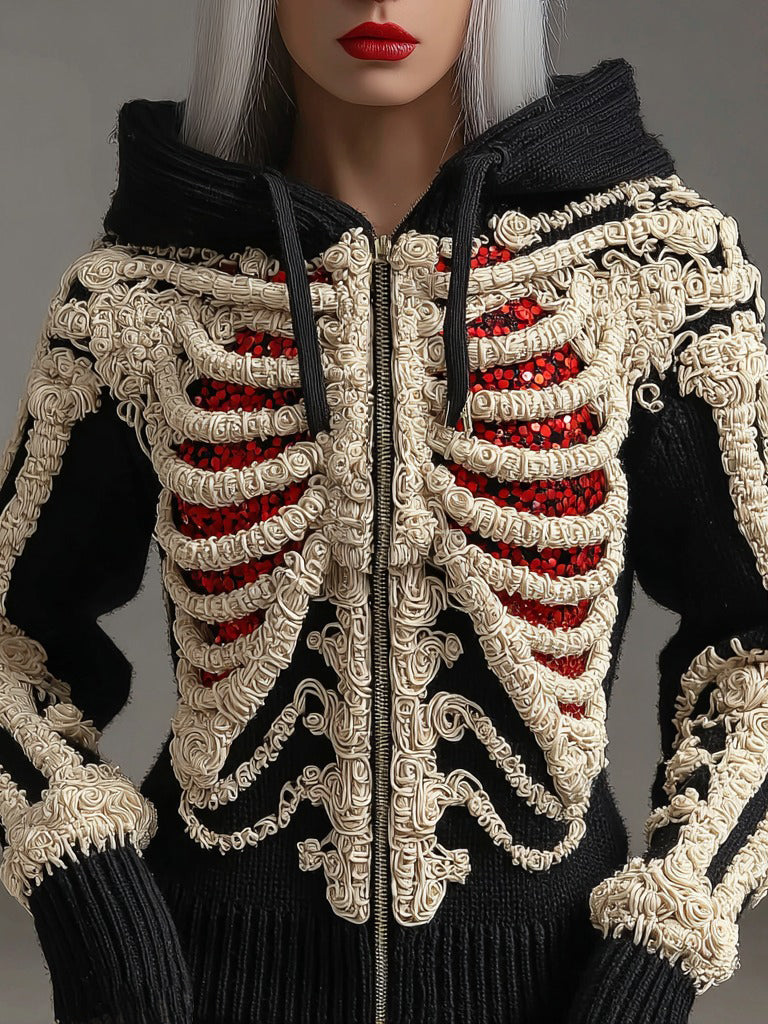Halloween Skull Sequin Art Knit Zipper Hooded Sweater