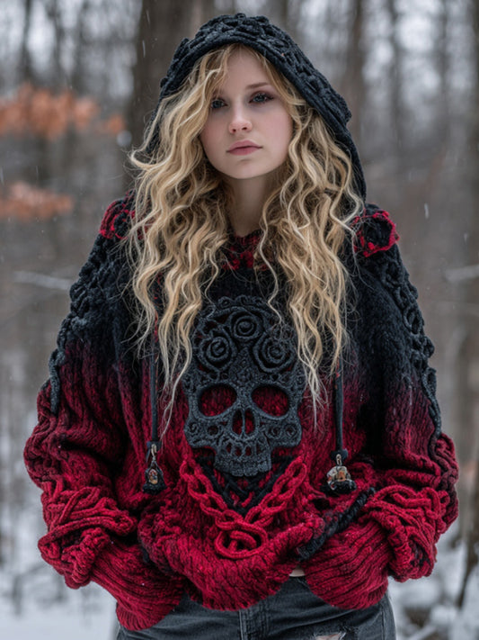 Women's Vintage Viking Tribal Celtic Skull Gradient Art Chunky Knit Hooded Sweater