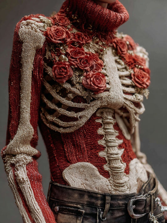 Women's Vintage Skeleton & Rose Art Cozy High Neck Sweater