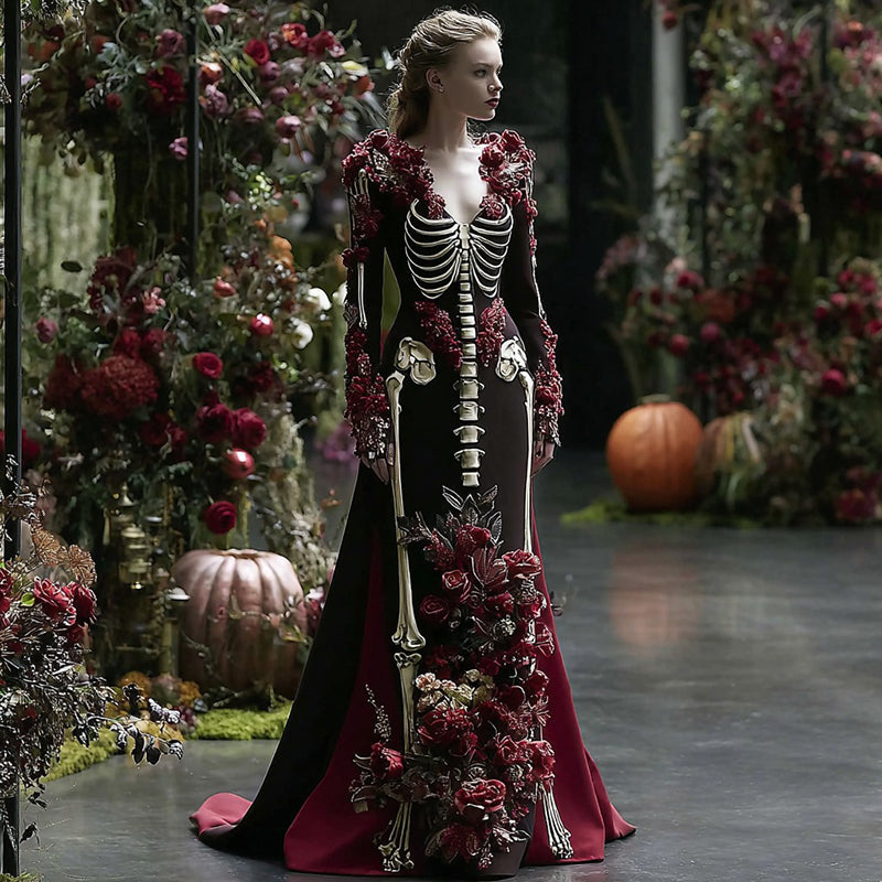 Halloween Skull Rose Art Elegant V-neck Dress