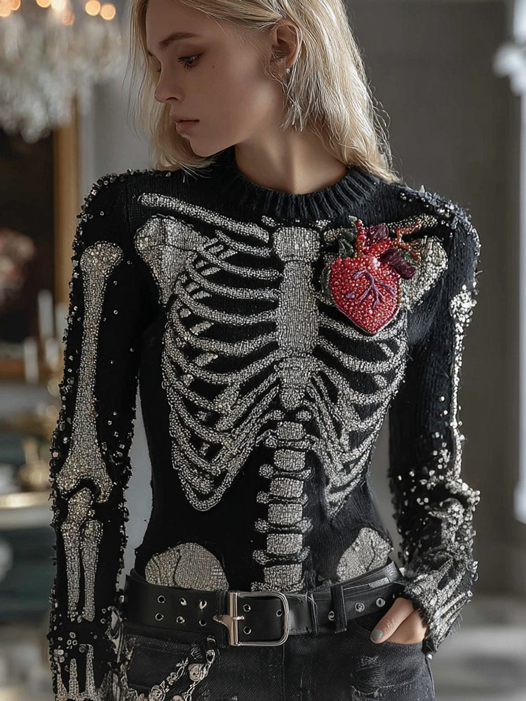 Women's Halloween Human Anatomy Gemstones Pattern Round Neck Sweater