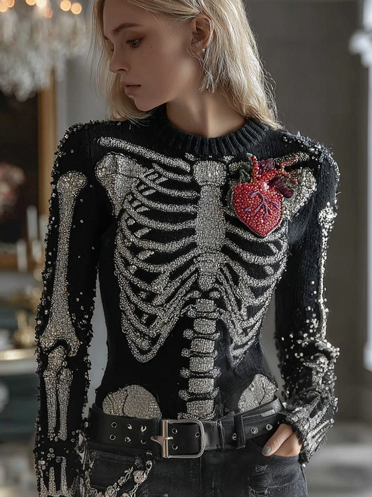 Women's Halloween Human Anatomy Gemstones Pattern Round Neck Sweater