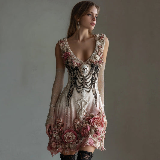Vintage Skull Roses Glitter Gradient V Neck Mini Dress