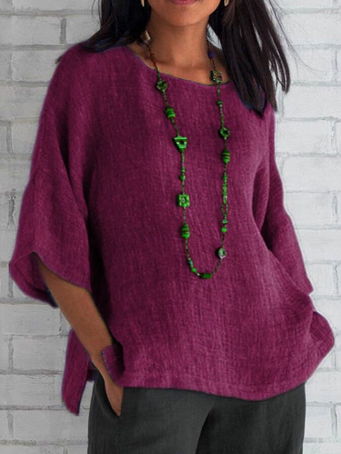 Airrys™ Women's Cotton Linen Three-quarter Sleeve Crew Neck Shirt