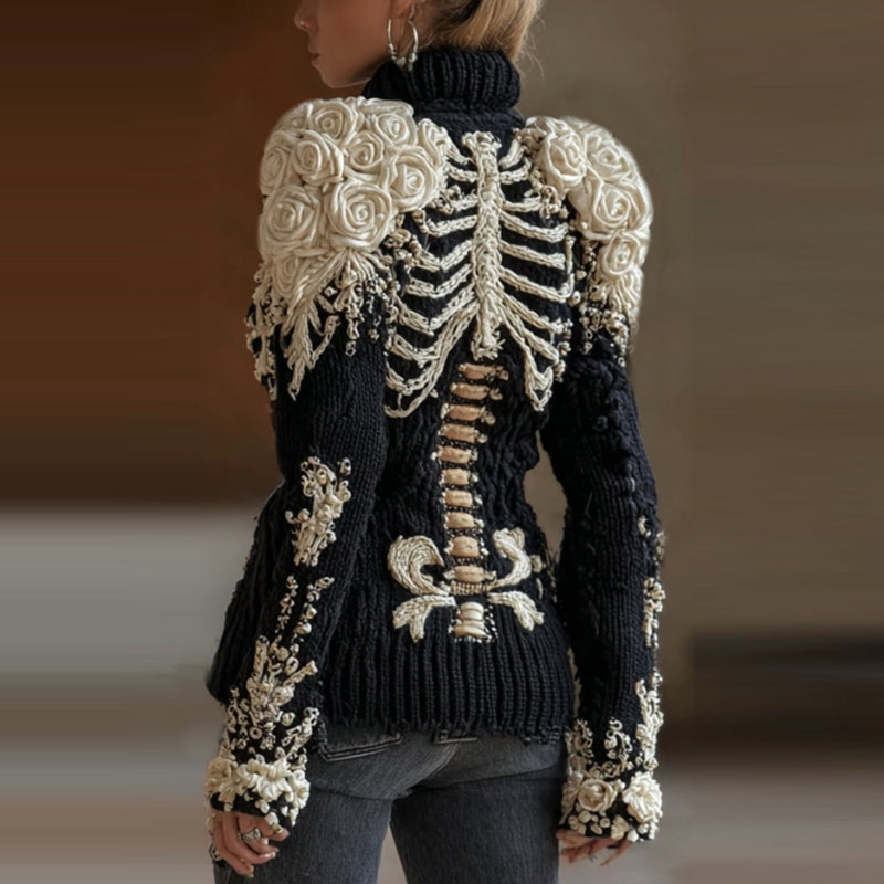 Women's Halloween Skeleton White Roses Art Knit Turtleneck Sweater