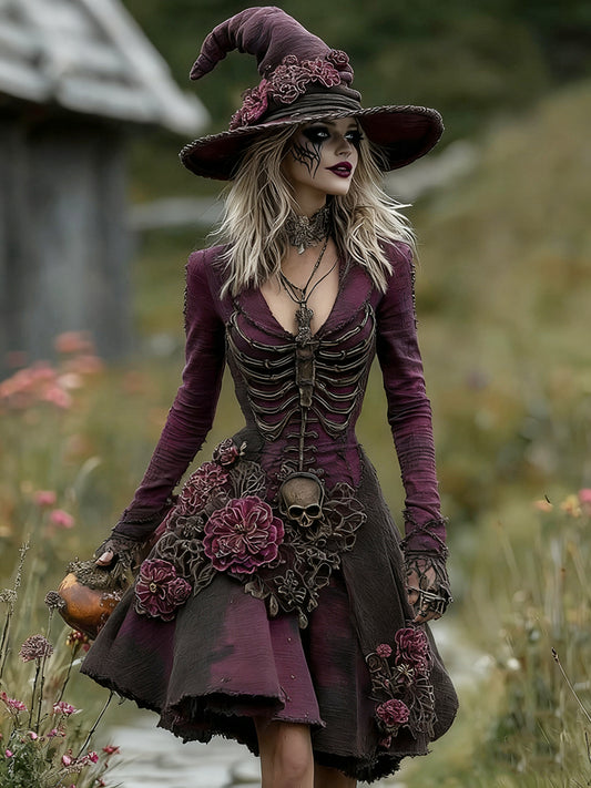 Women's Skull Floral Embroidery Ombre Witch Midi Dress