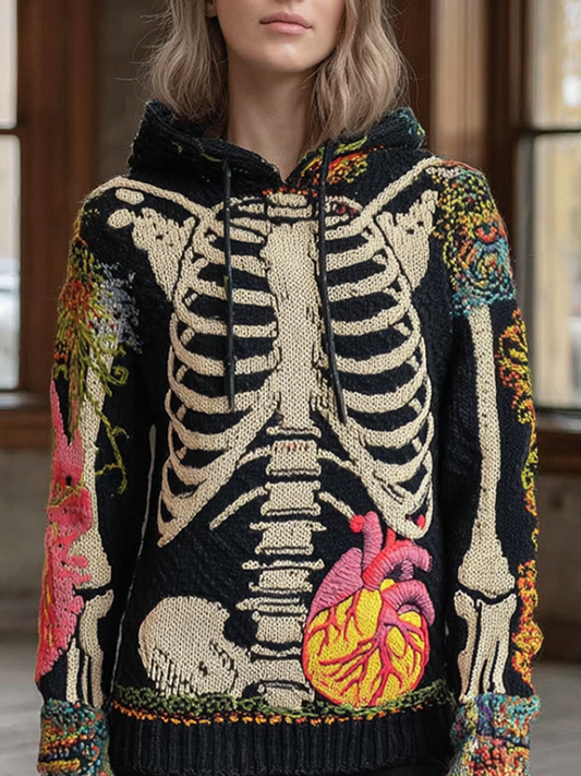 Halloween Skeleton Bone Pattern Design Women's Knit Hooded Sweater