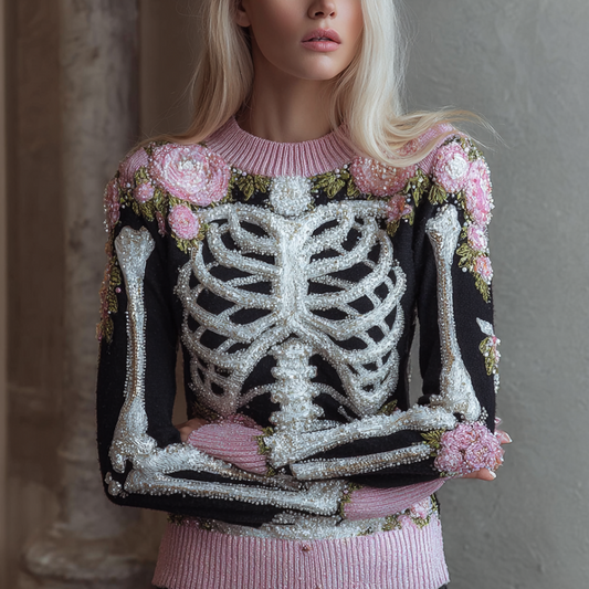 Halloween Skeleton And Plant Flower Pattern Combined Design Women's Knitted Sweater