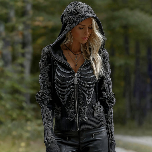 Women's Vintage Skeleton Rose Gothic Art Zipper Knit Hooded Sweater
