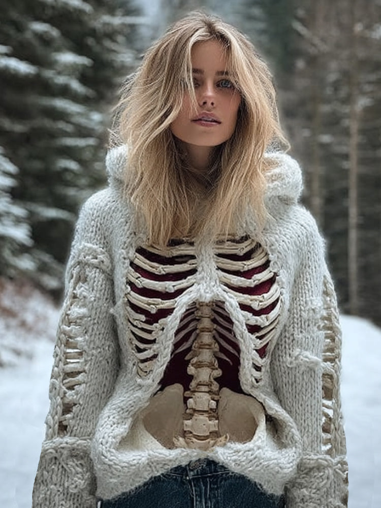 Women Halloween Realistic Human Anatomy Coarse Needle White Hooded Sweater