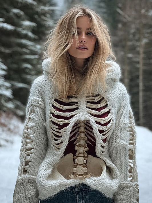Women Halloween Realistic Human Anatomy Coarse Needle White Hooded Sweater
