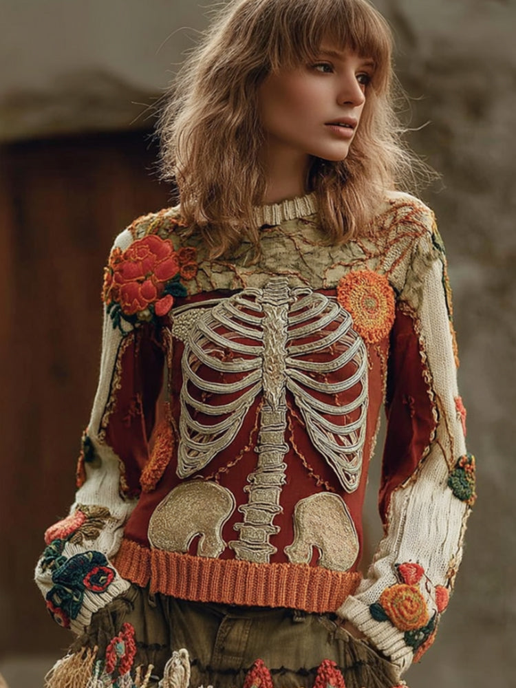 Women's Halloween Human Anatomy Art And Flower Color Blocked Ancient Round Neck Sweater